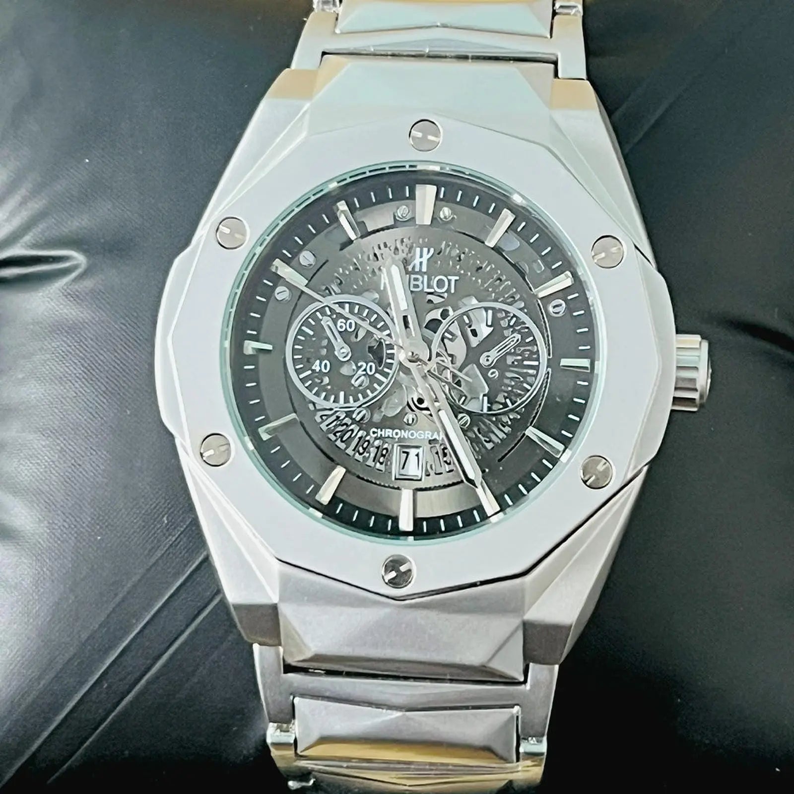 Hublot Black Multi Dial Silver Chain Wardesh